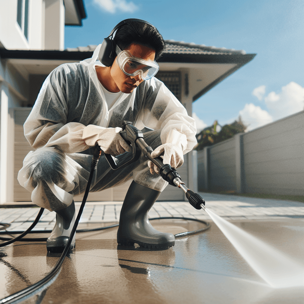 Man in googles and ear protection power washing driveway