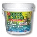 A large white plastic container of Deer Scram, a deer and rabbit repellent, showcases bright, colorful labeling that details its purpose and usage. Featuring a handle on the side, this deer repellent with odor mode of action ensures effective protection for your garden.