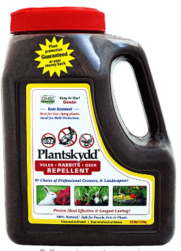 A container of Plantskydd Repellent, a deer repellent with taste mode of action, used to deter voles, rabbits, and deer. The label highlights features such as plant protection, rain resistance, and being organic. The large container boasts red and green designs with images of flowers at the bottom.