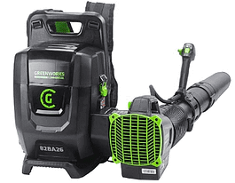 A black and green backpack leaf blower with the brand "Greenworks Commercial" displayed. The blower has a sturdy design, featuring a tube and handle attached to a large backpack unit. A black and green backpack leaf blower with the brand "Greenworks Commercial" displayed. The blower has a sturdy design, featuring a tube and handle attached to a large backpack unit.