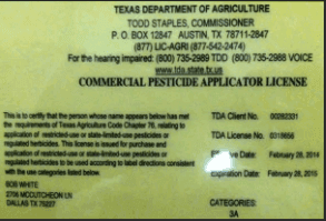 A yellow card labeled "Texas Department of Agriculture" at the top, indicating a Commercial Pesticide Applicator License. Contains license details, issuance, and expiration dates, along with contact information and a warning note at the bottom.