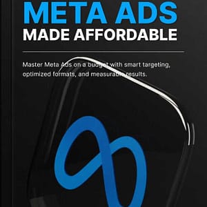 Promotional image with the text "META ADS MADE AFFORDABLE" in bold blue and white letters. Background shows a dark surface with a stylized, curved M or infinity symbol in blue. Additional text describes mastering Meta Ads with budget-friendly strategies.