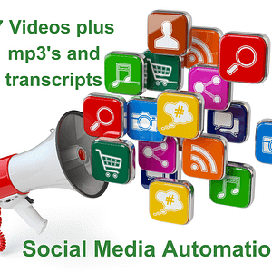 Social Media Automation. A megaphone surrounded by colorful app icons, including shopping carts, music notes, and cameras, with the text "7 Videos plus mp3's and transcripts - Social Media Automation" highlights the power of automation in streamlining social media tasks effectively.