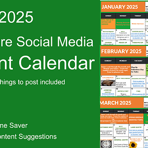 An image of a 2025 Lawn Care Social Media Content Calendar. It features monthly grids for January to March with daily content ideas. The text highlights it as a 75% time saver with daily content suggestions. A clock icon is also present.