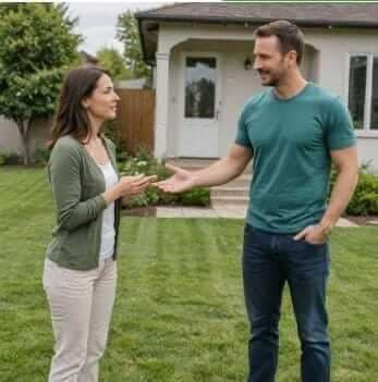 Man-selling-lawncare-to-woman Man selling lawn care to a woman