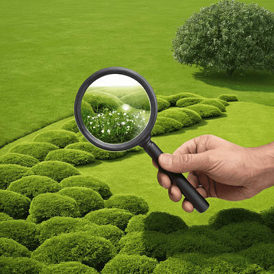 Man-with-magnifying-glass-on-shrubs Man identifying shrubs