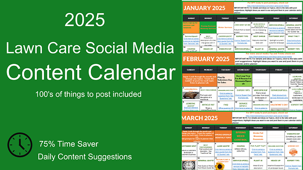 An image of a 2025 Lawn Care Social Media Content Calendar. It features monthly grids for January to March with daily content ideas. The text highlights it as a 75% time saver with daily content suggestions. A clock icon is also present.