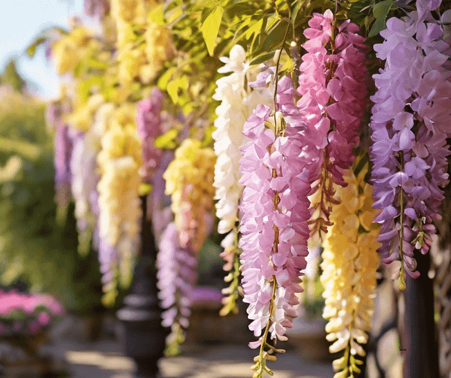 Cascading wisteria flowers in shades of lavender, pale yellow, and pink hang from a pergola. Sunlight filters through the leaves, illuminating the blossoms. A blurred garden with greenery and pink blooms is in the background. Cascading wisteria flowers in shades of lavender, pale yellow, and pink hang from a pergola. Sunlight filters through the leaves, illuminating the blossoms. A blurred garden with greenery and pink blooms is in the background.