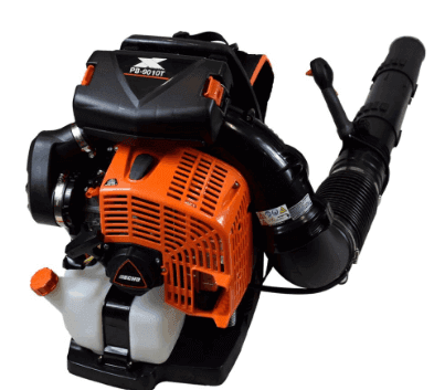 This top-tier black and orange backpack leaf blower, celebrated among the best leaf blowers, features a white fuel tank and various controls. Designed for comfort, it includes padded back support and boasts a flexible black nozzle that efficiently extends forward.