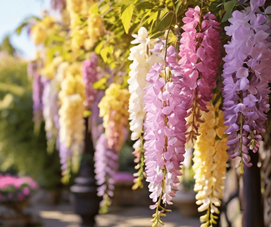 Cascading wisteria flowers in shades of lavender, pale yellow, and pink hang from a pergola. Sunlight filters through the leaves, illuminating the blossoms. A blurred garden with greenery and pink blooms is in the background.
